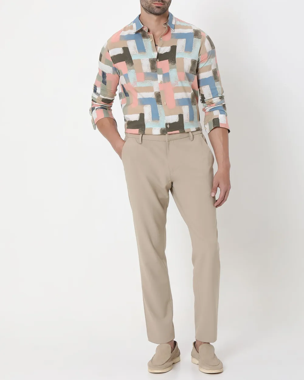 Classic Versatile Soft Slim-Fit Straight-Leg BeigeTrousers