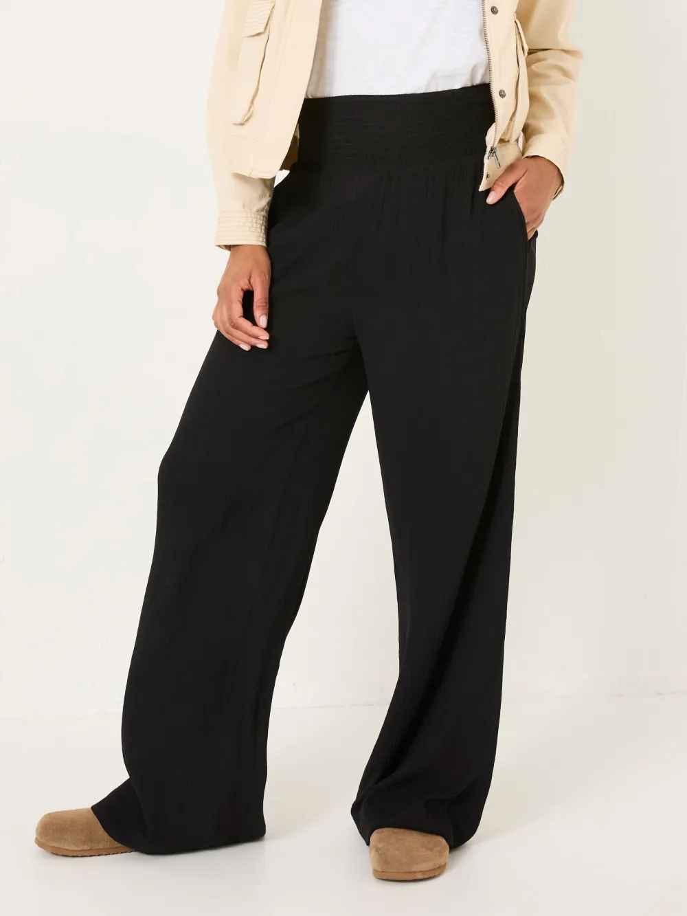 Black Shirred Palazzo Wide Leg Trousers