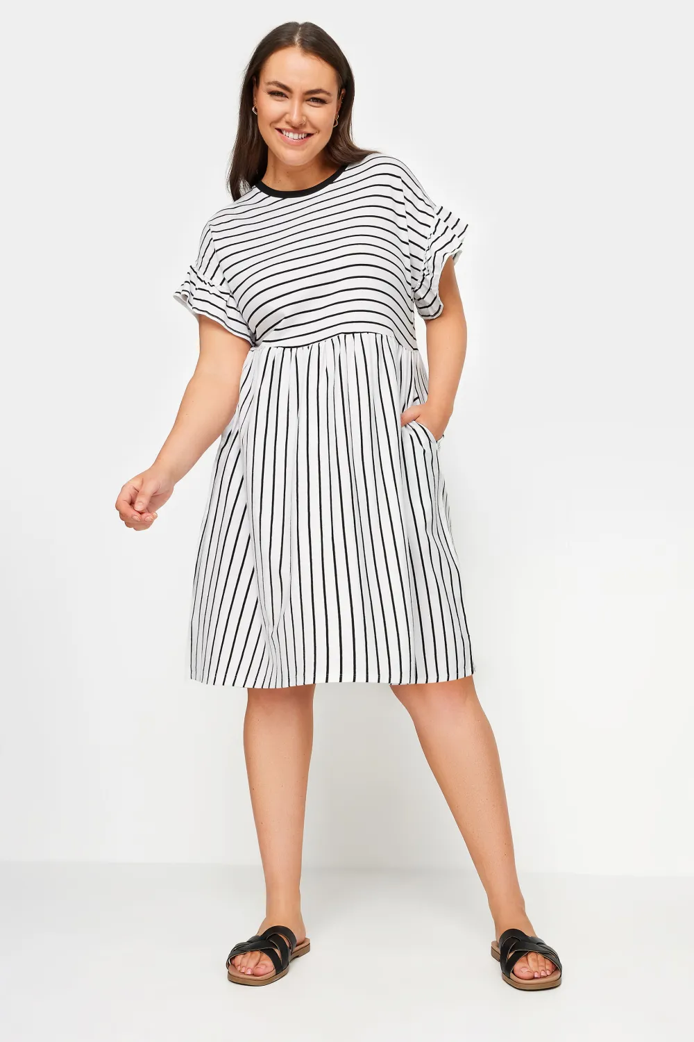 YOURS Curve Black & White Stripe Frill Sleeve Smock Tunic Dress