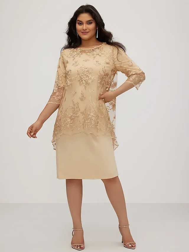 Women‘s Plus Size Party Dress Lace Dress Semi Formal Dress Midi Dress Navy Blue Blue Gold 3/4 Length Sleeve Floral Lace Summer Spring Fall Crew Neck Elegant Party Wedding Guest Dress