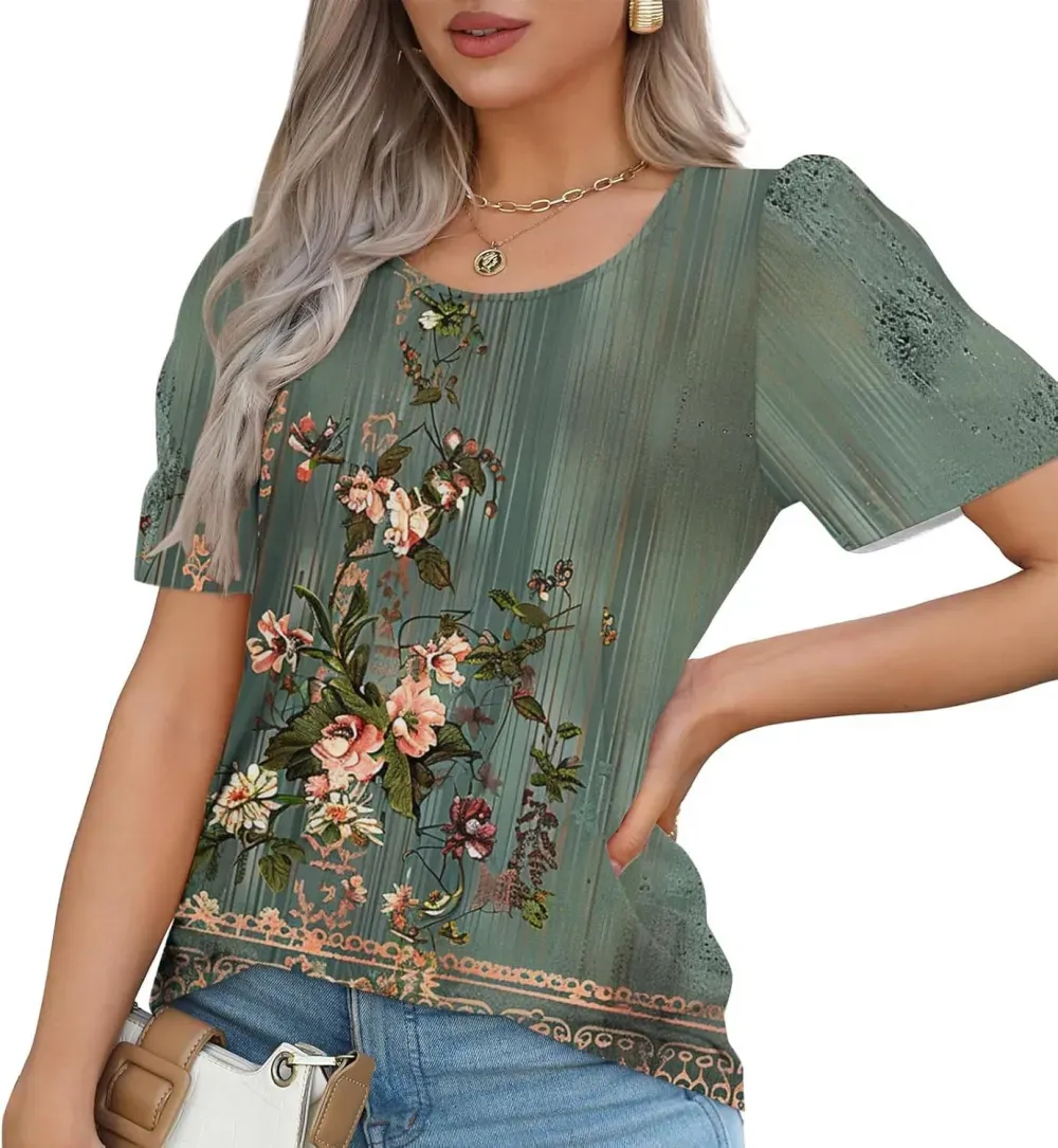 Womens Summer Pleated Front Shirts Tunics Casual Short Sleeved Loose Round Neck Boho Printed Tops Vacation Blouse