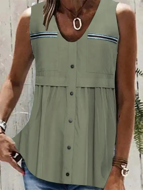 Women Sleeveless V-neck Button Stitching Solid Top