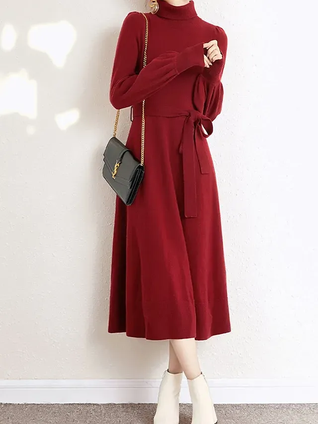 Women's Red Christmas Dress Sweater Dress Jumper Dress Midi Dress Warm Fashion Casual Plain Outdoor Christmas Daily Vacation Turtleneck Long Sleeve Lace up 2023 Regular Fit Black Wine Blue One Size