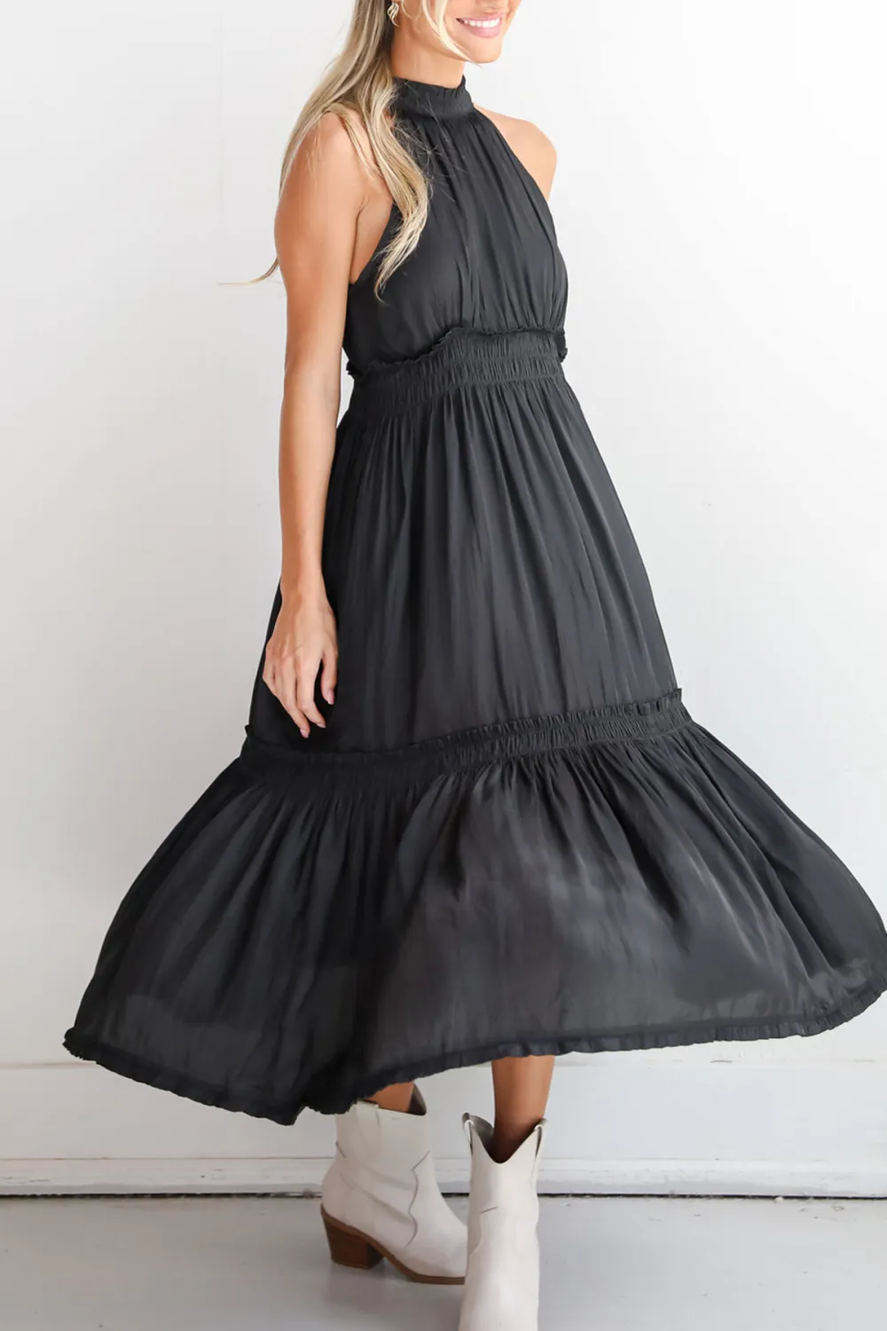 Lovely Intuition Black Satin Midi Dress