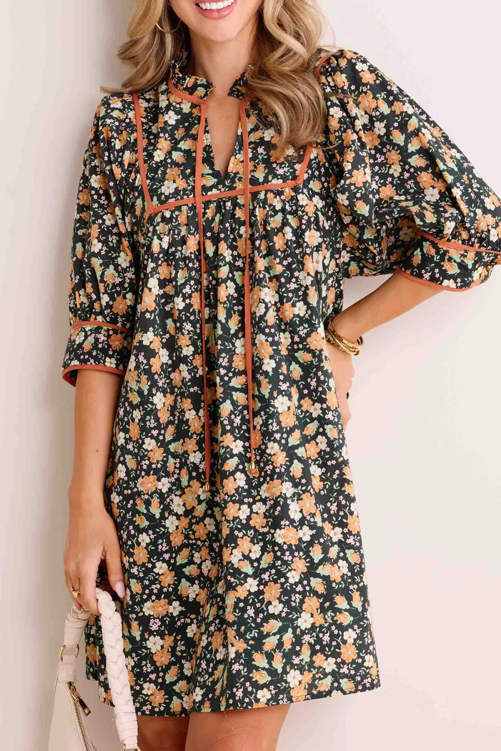 Floral Print Stand Collar Dress