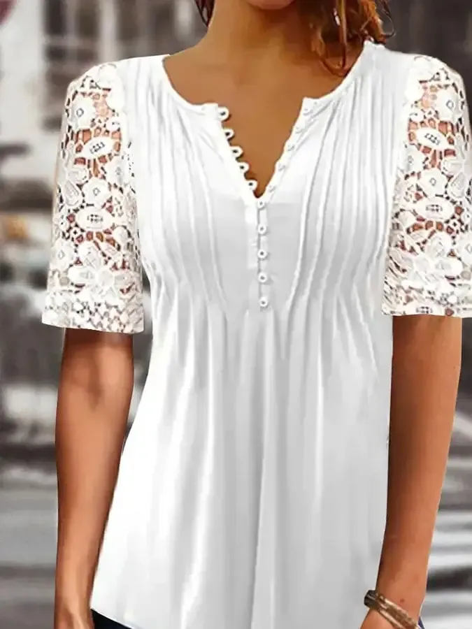 Lace Trim Panel Short Sleeve Top