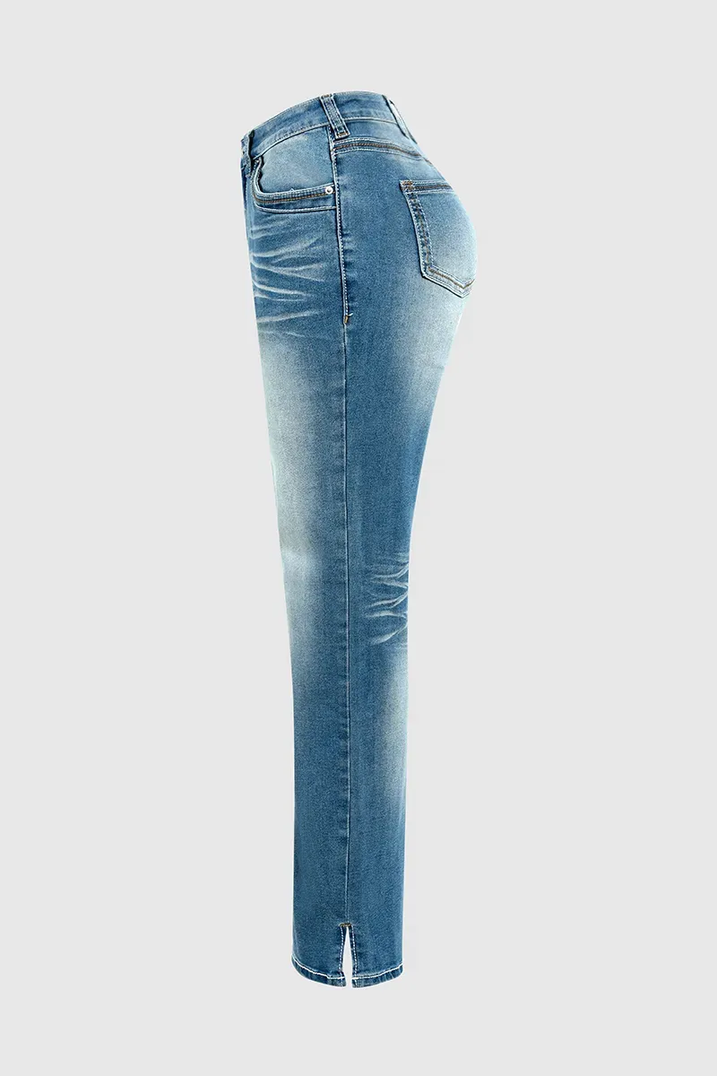 Washed Split Hem Mid Rise Bootcut Jeans
