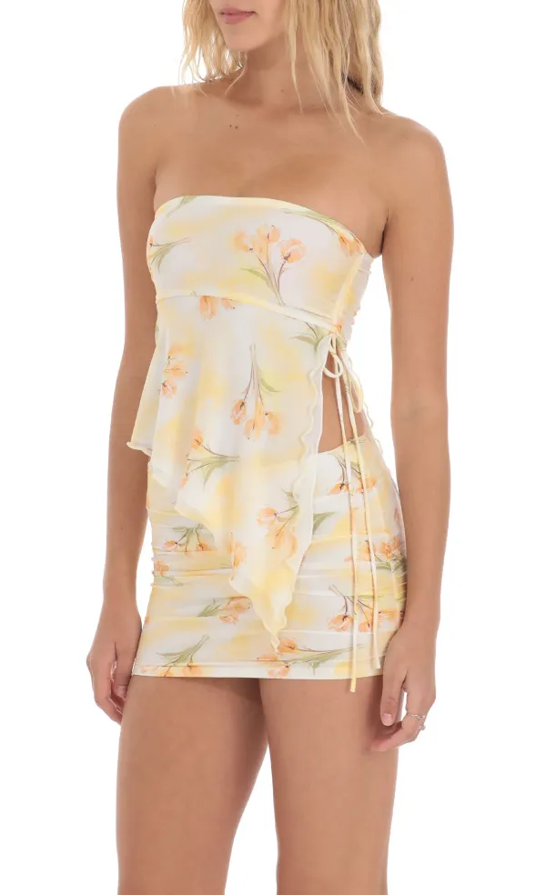 Tulip Mesh Strapless Two Piece Set in White and Yellow