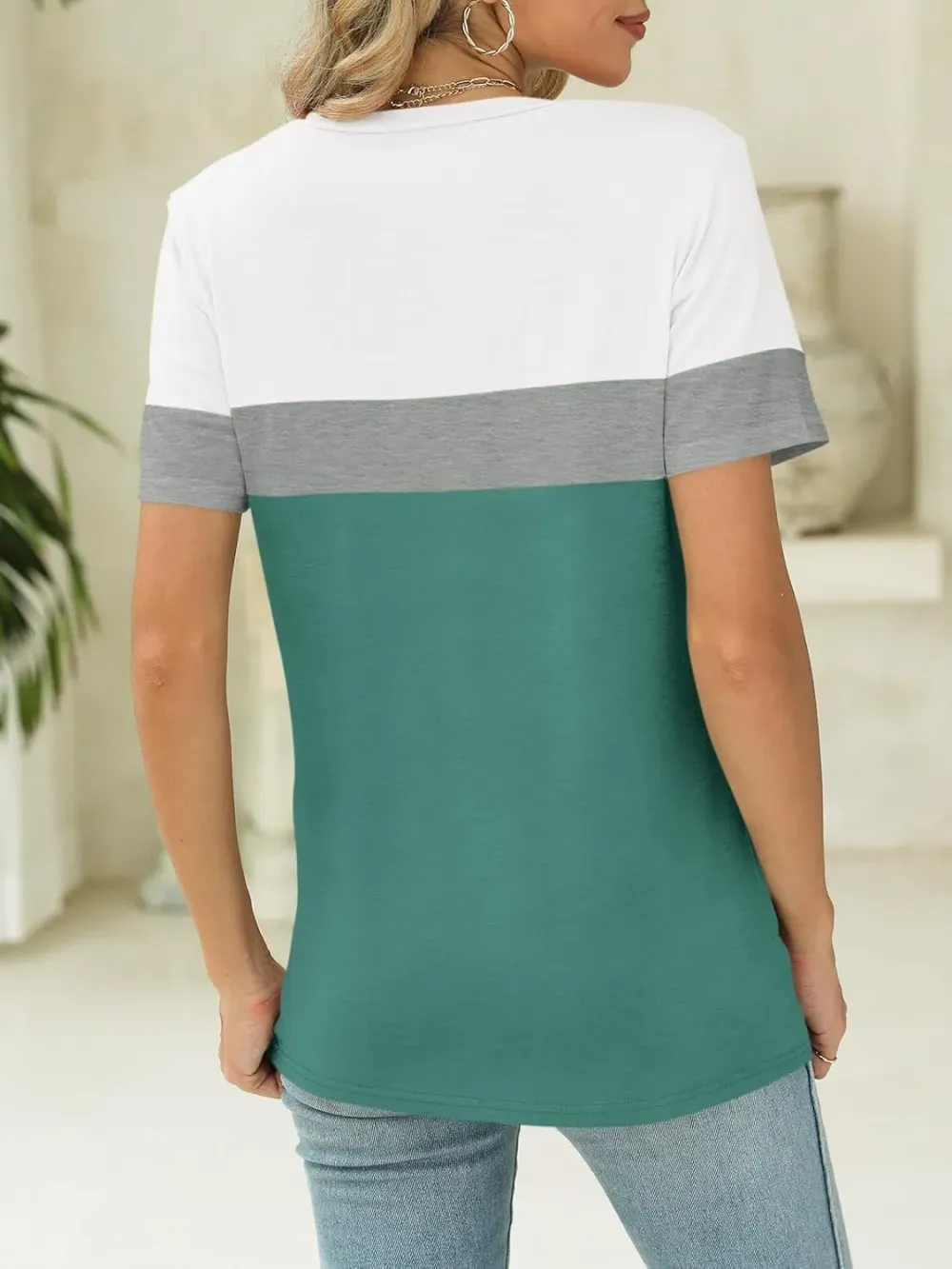 ORANDESIGNE Women's Color Block Short Sleeve T Shirts Casual V Neck Summer Tops Tees Loose Fit Blouses