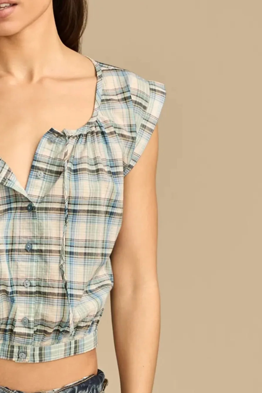Blue Plaid Sleeveless Buttondown Blouse