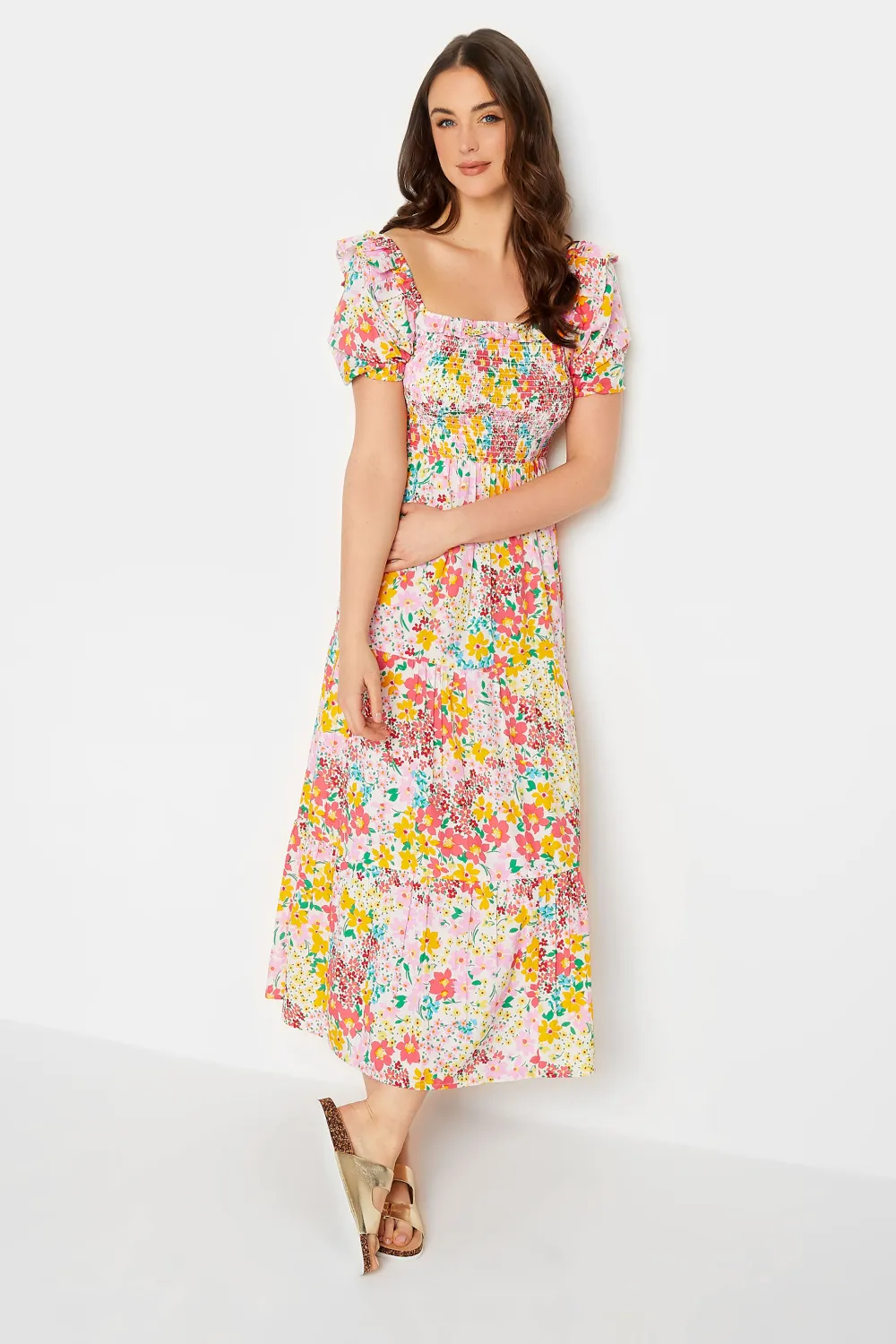 LTS Tall Yellow Ditsy Floral Shirred Midaxi Dress