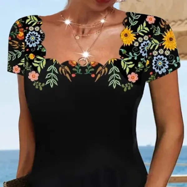 Women's Casual Dress Casual Dress Shift Dress Floral Print Ruched Print Square Neck Mini Dress Fashion Modern Daily Holiday Short Sleeve Regular Fit Black Summer Spring S M L XL XXL