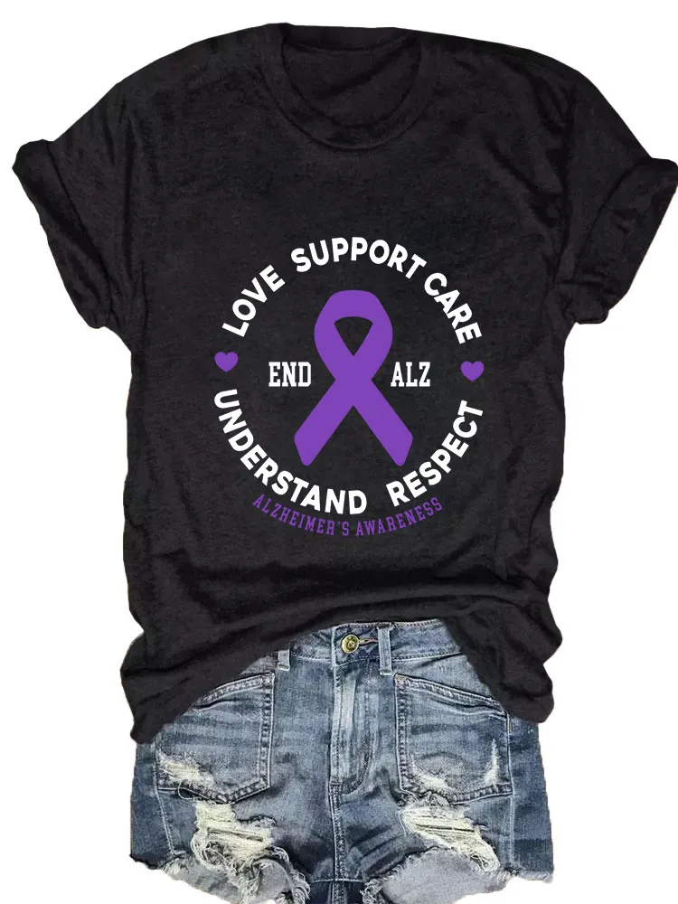 Women'S Love Support Cure Alzheimer'S Awareness Round-Neck T-Shirt