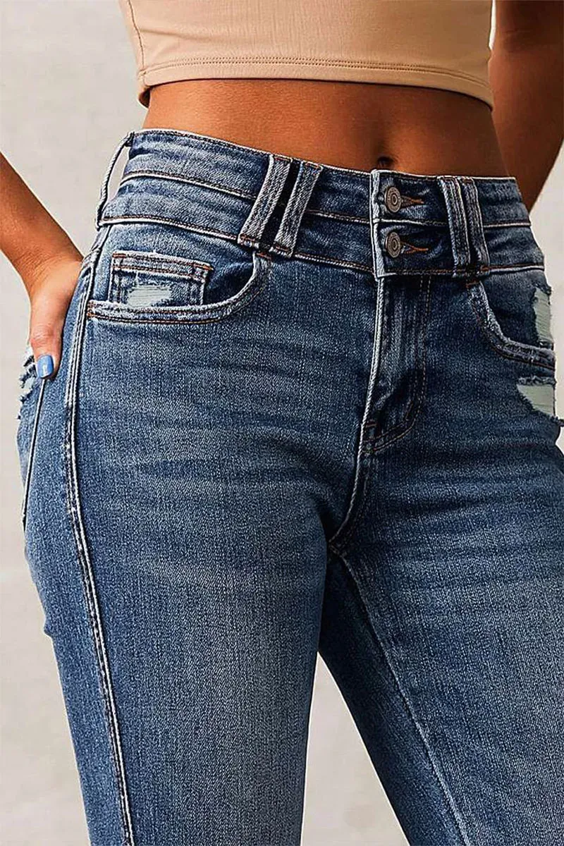 Dual Button Ripped Raw Hem High Rise Bootcut Jeans