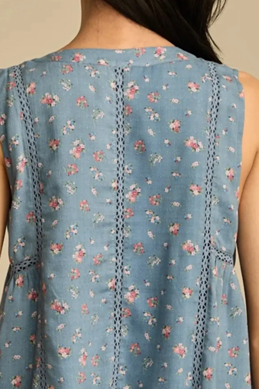 Blue Ditsy Trapunto Sleevless Shirt