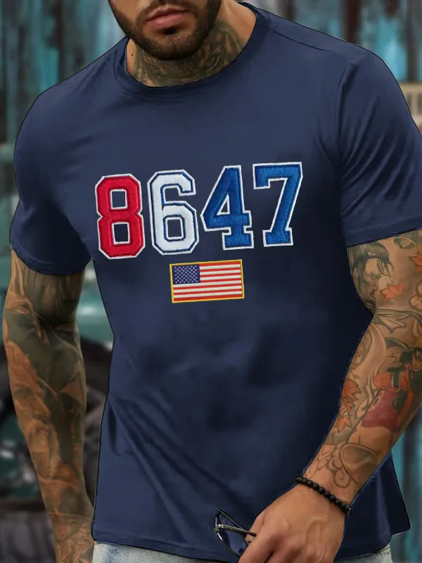 Men'S T-Shirt Men'S Vintage 8647 Flag Print T-Shirt Round Neck Cotton Short Sleeves
