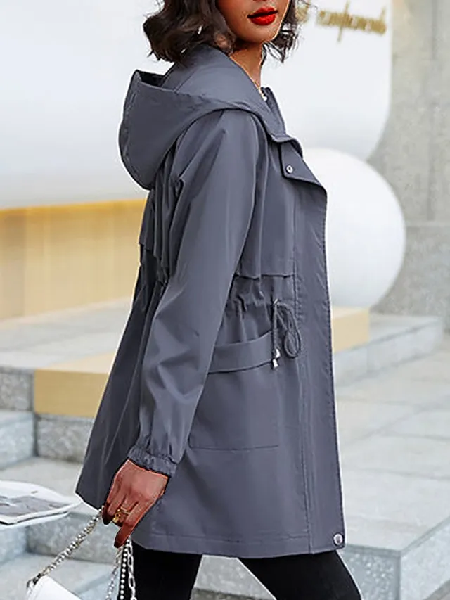 Women's Trench Coat Fall Outdoor Zipper Plain Breathable Streetwear Regular Fit Outerwear Long Sleeve Black M