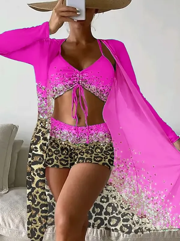 Women's Swimwear Bikini Cover Up Normal Swimsuit 3-Piece Printing Leopard Pink Blue Bathing Suits Sports Beach Wear Summer