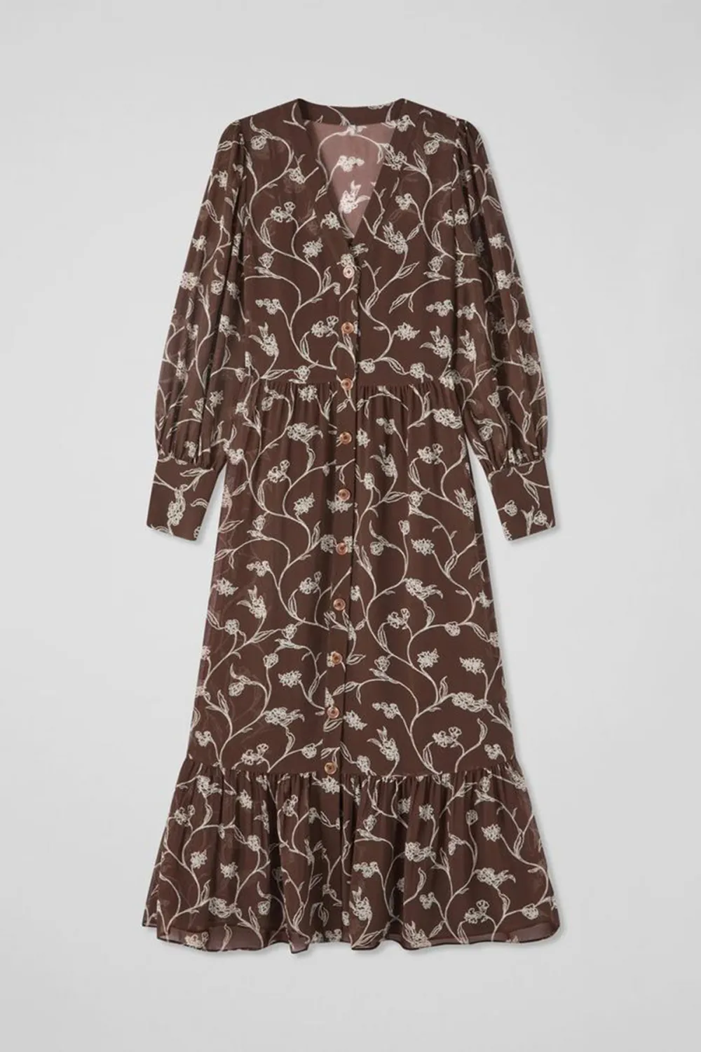 Brown Floral Print Long Sleeve Midi Dress