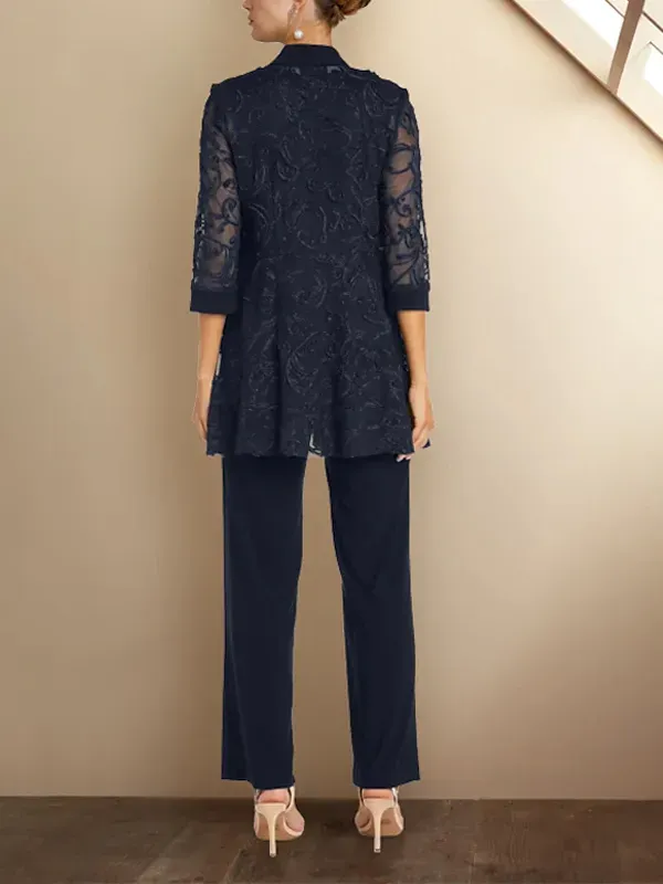 Round Neck Lace Sleeveless Vest Solid Color Top Trousers Three-piece Suit