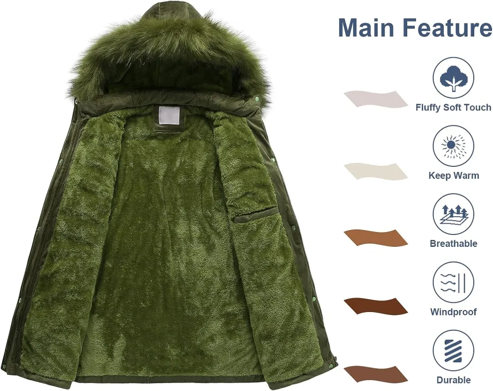 Women's Warm Winter Coat Velvet Puffer Jacket Quilted Faux Fur Hood