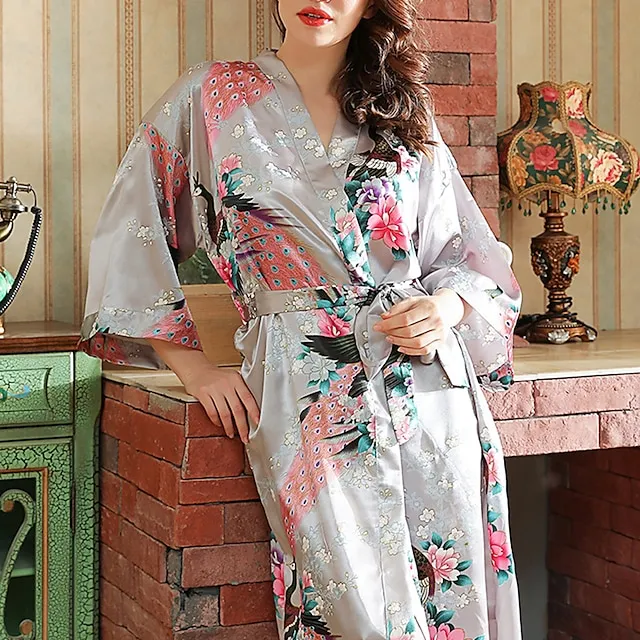 Women's Robes Gown Bathrobes Pure Color Simple Comfort Home Party Wedding Party Spandex Gift Long Sleeve Belt Included Spring Summer Navy Blue