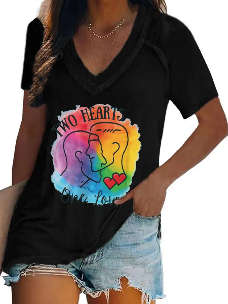 Women'S Two Hearts One Love V-Neck Short-Sleeved T-Shirt