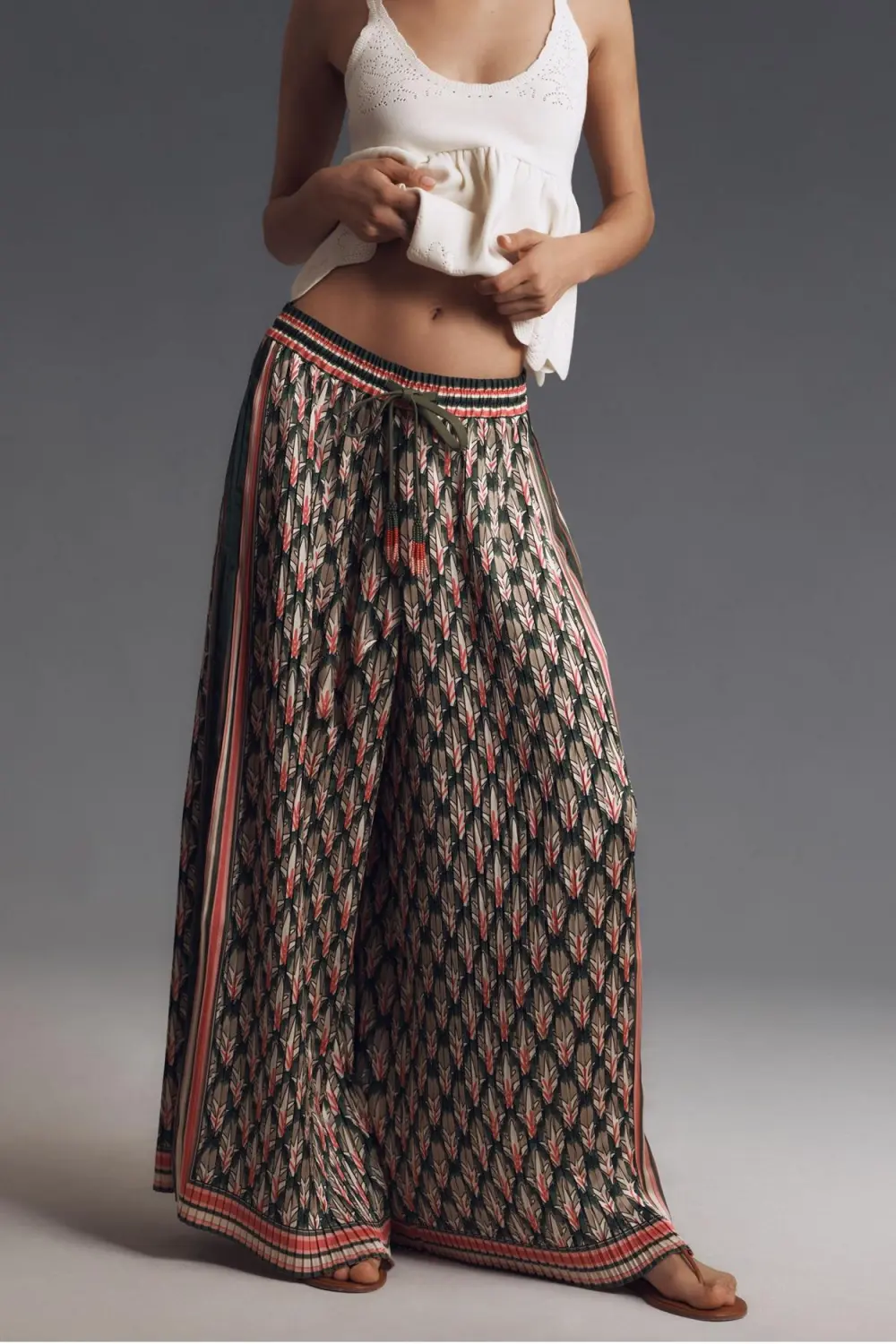 Tropical Pleated Wide-Leg Pants