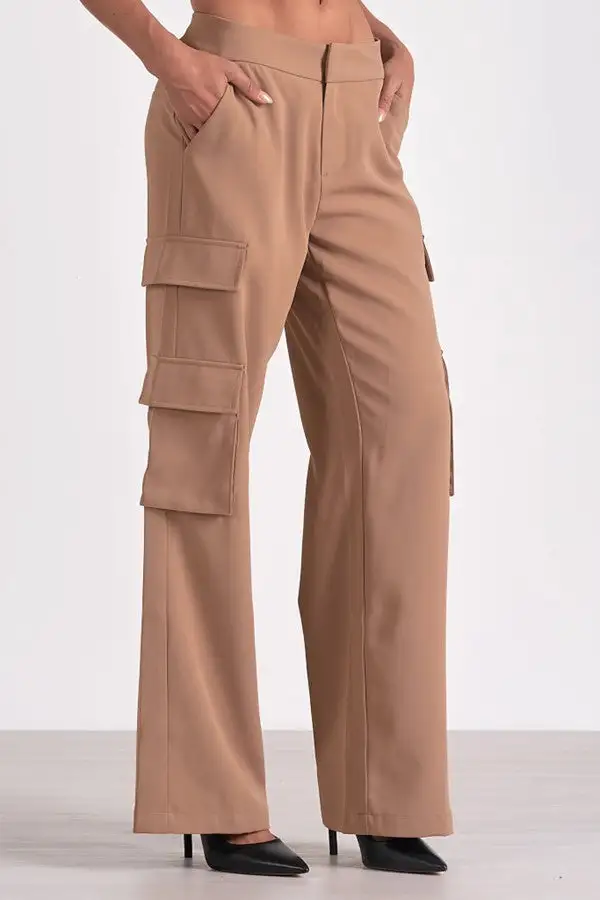 Tan Multi-Pocket Wide-Leg Cargo Pants
