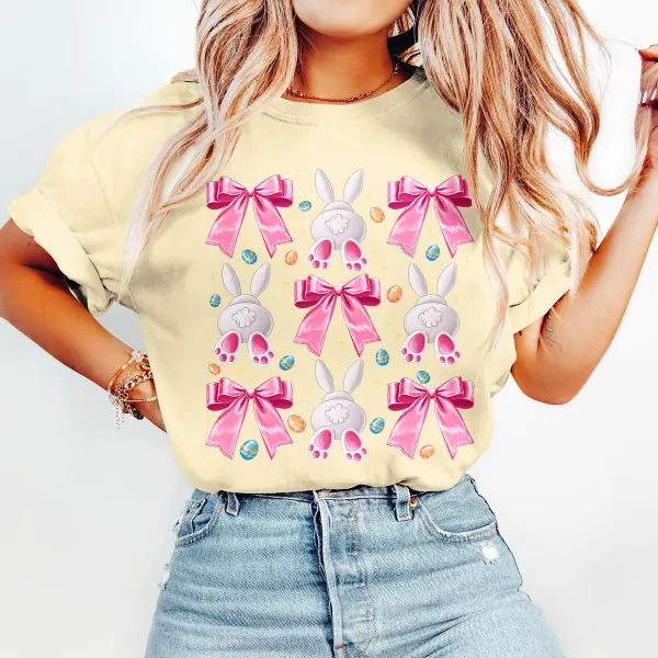 T-shirt Easter Bunny And Bow Women Printed Round Neck Short Sleeve