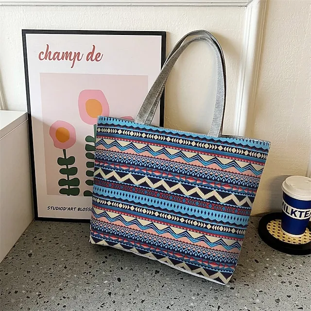 Women's Tote Shoulder Bag Canvas Tote Bag Canvas Shopping Daily Zipper Large Capacity Foldable Lightweight Striped Patchwork Folk Red stripes Red square Black square