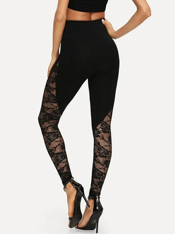 Women's Lace Tights Leggings Jeggings Black Mid Waist Sexy Stretchy Full Length Solid Colored S M L XL XXL / Slim