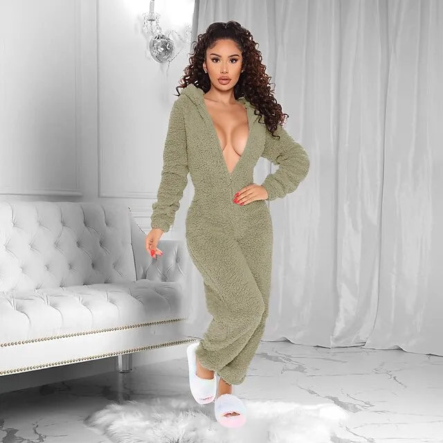 Women's Flannel Adult Onesies Onesie Pajamass Pajama for Adult Jumpsuits Nighty Pure Color Simple Comfort Party Home Christmas  Warm Gift Hoodie Long Sleeve Fall Winter Black