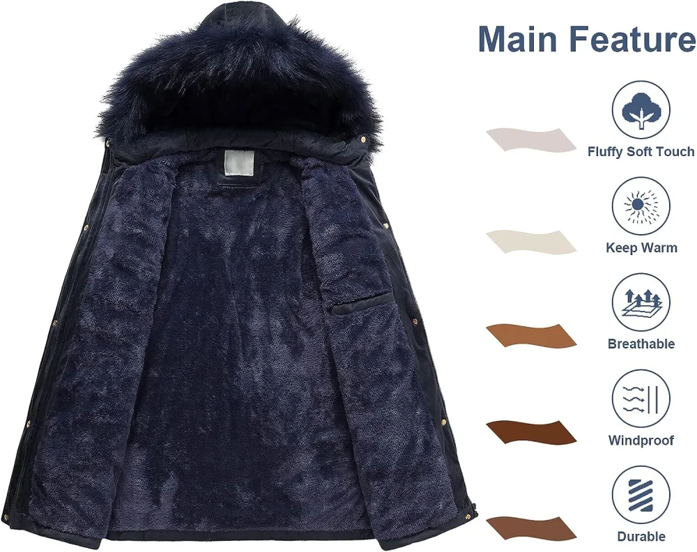 Women's Warm Winter Coat Velvet Puffer Jacket Quilted Faux Fur Hood