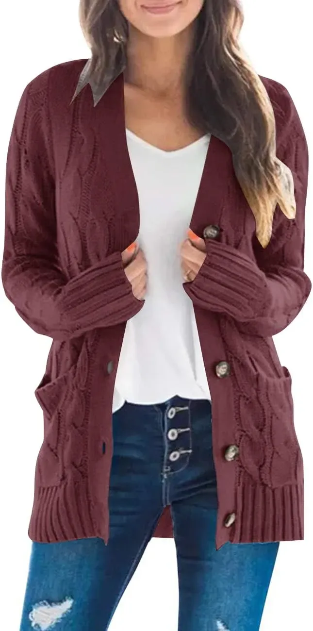 MEROKEETY Women's 2024 Fall Long Sleeve Cable Knit Sweater Open Front Cardigan Button Loose Outerwear