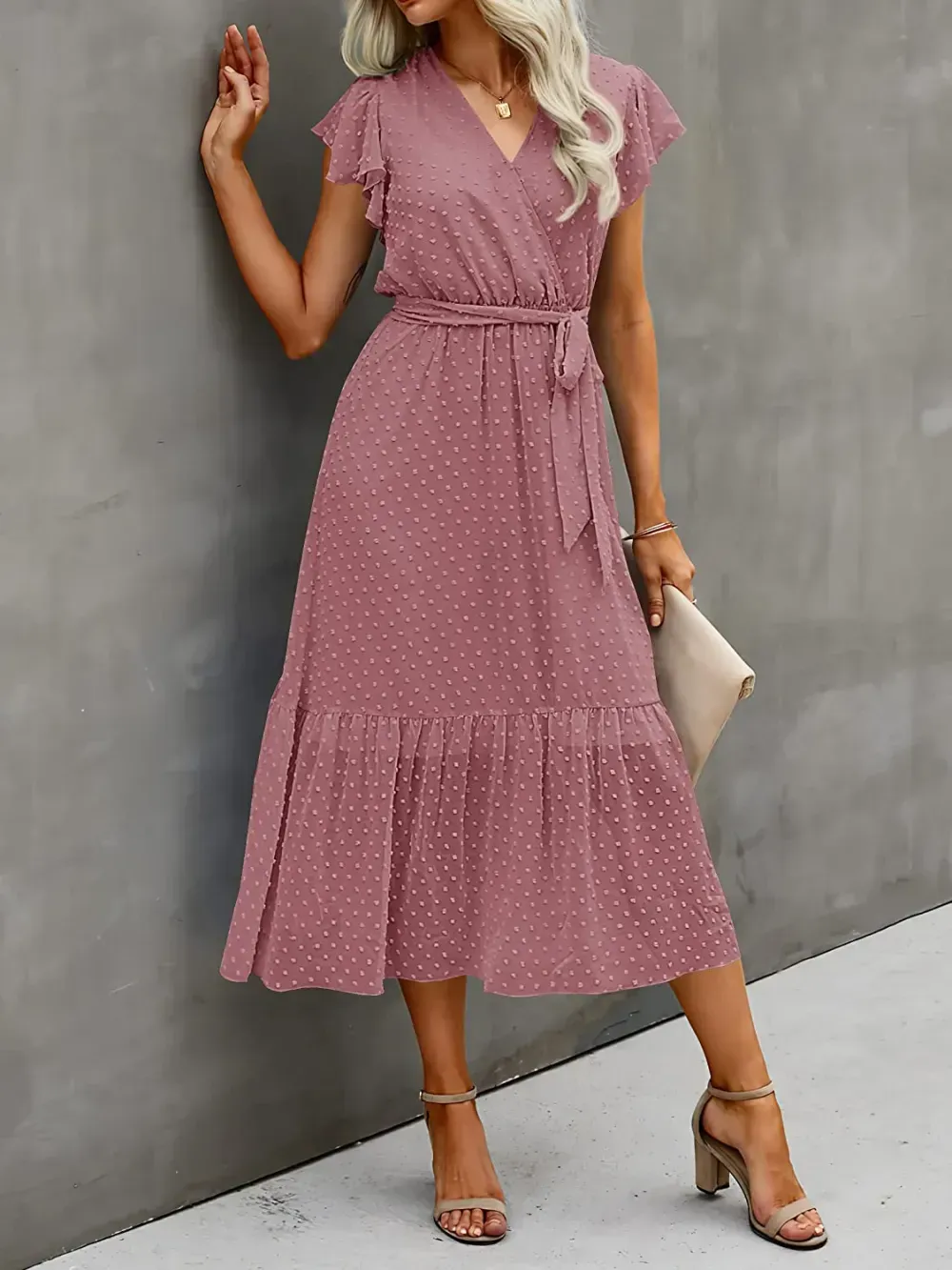 Women Summer Bohemian Floral Casual Wrap V Neck Ruffle Cap Sleeveless Belt A-Line Pleated Hem Swing Midi Sun Dress
