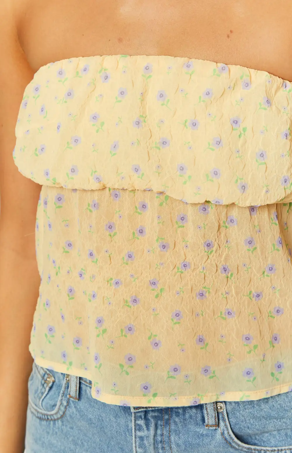 Yellow Floral Print Strapless Top