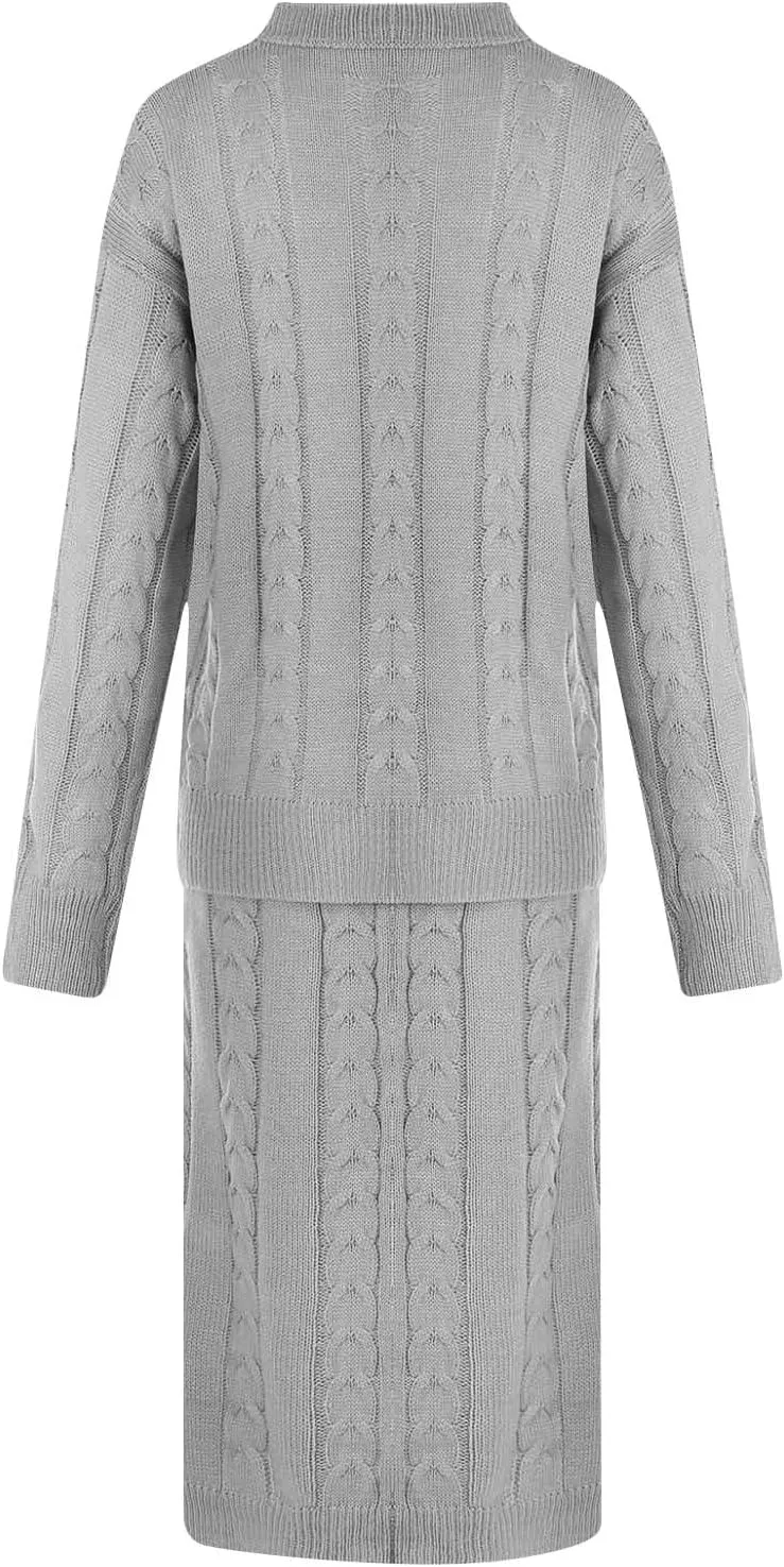 Women 2 Piece Outfits Knitted Sweater Tops and Long Skirt Turtleneck Long Sleeve Bodycon Dress Set Chunky Cable Knit