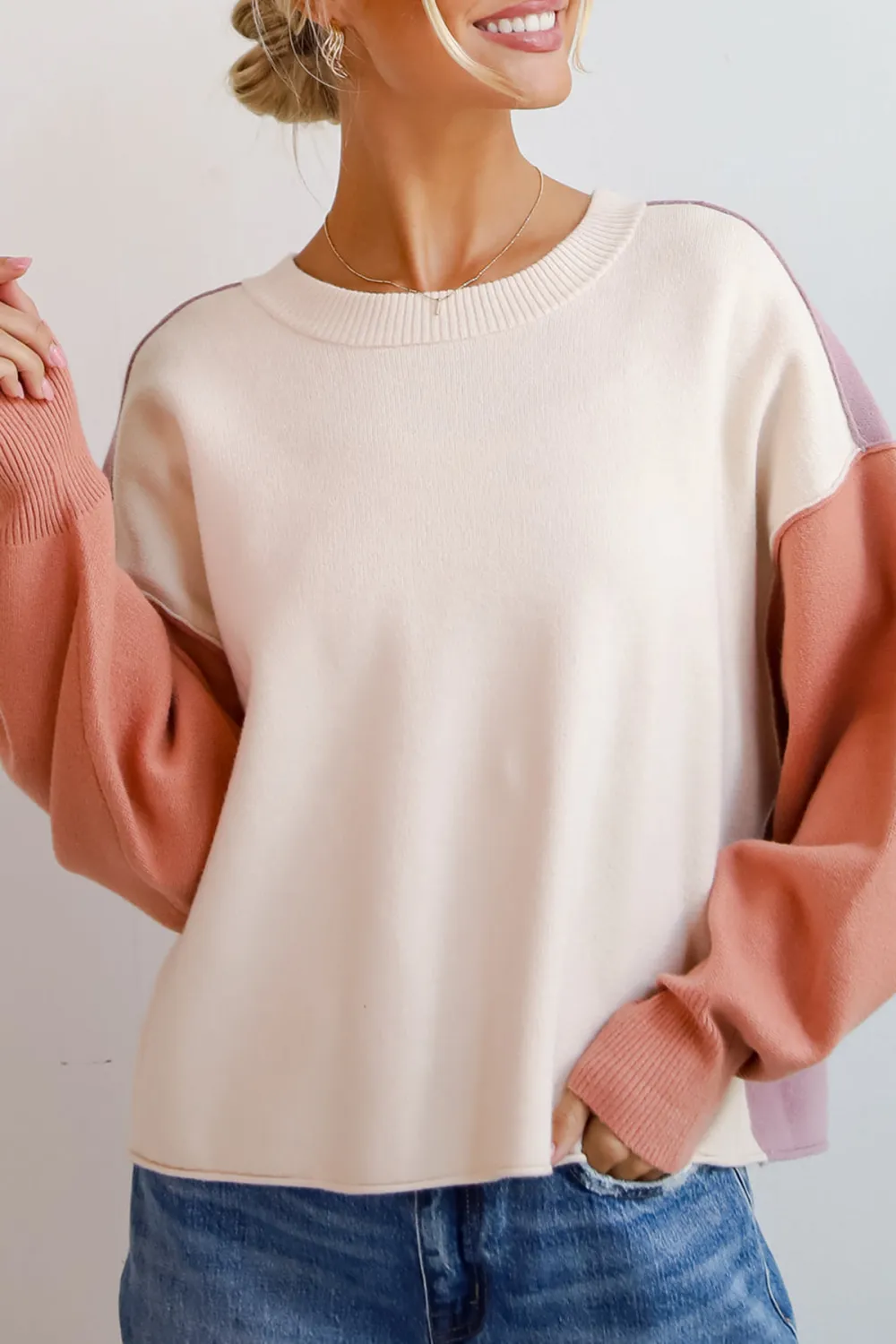 Complete Sophisticate Cream Color Block Sweater