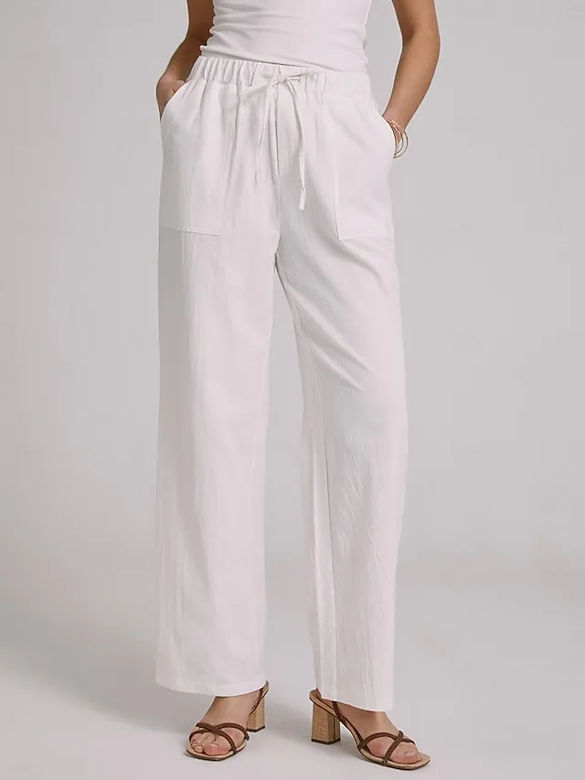 Women's Bootcut Culottes Wide Leg Chinos Cotton Faux Linen Solid Colored Baggy Mid Waist Lightweight Basic Wedding Daily Black White S M Spring &  Fall