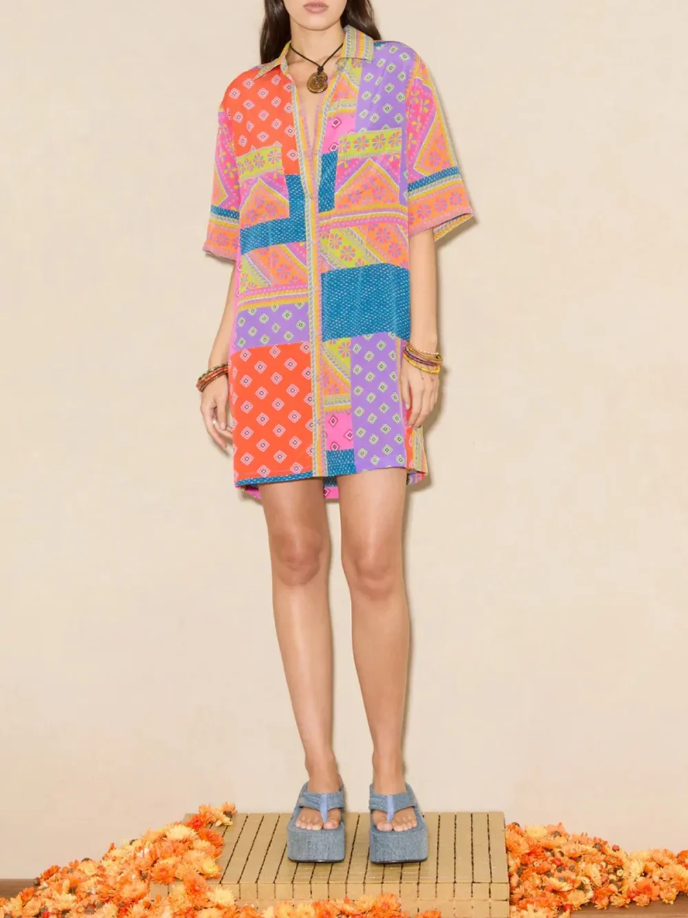 Casual Style Multi Long Sleeve Shirtdress