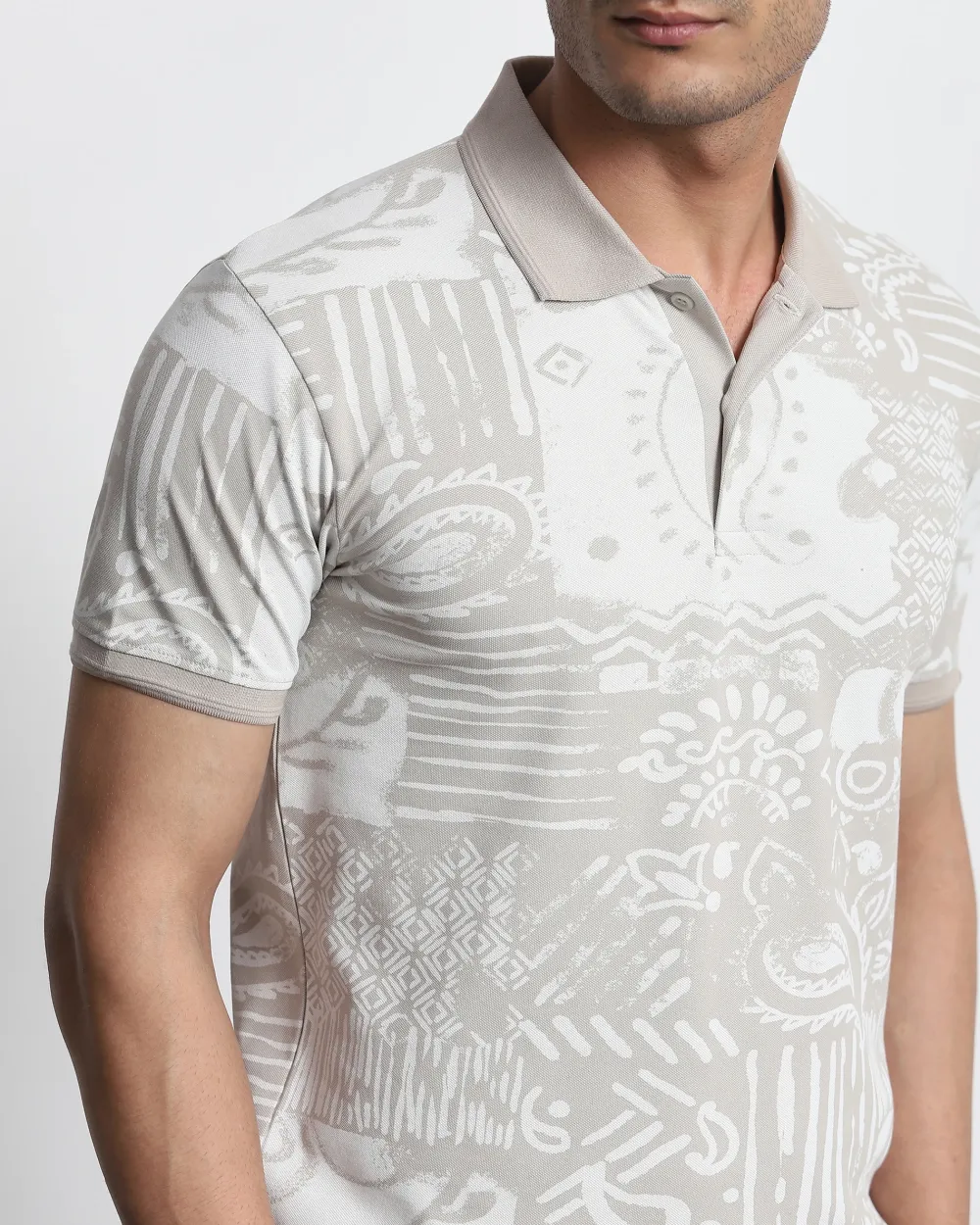 Daily Simple And Slimming Grey Abstract Print Polo Shirt