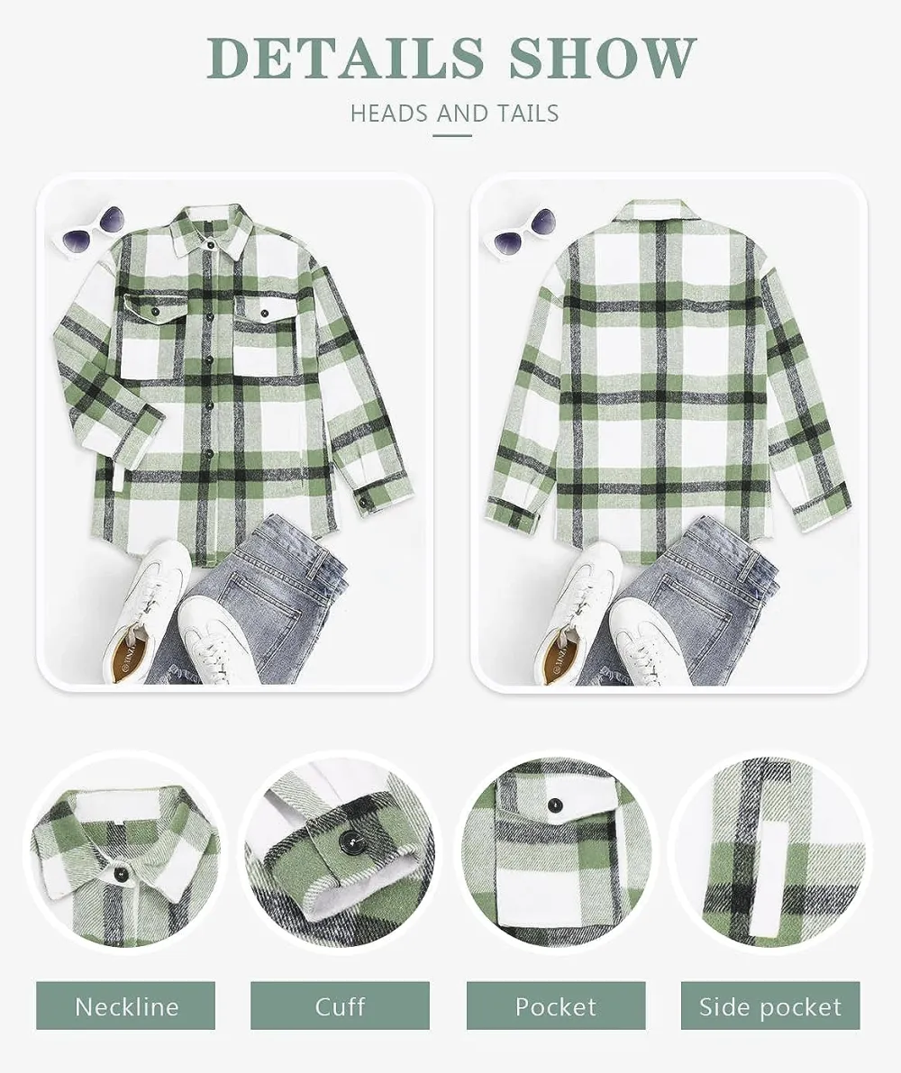 Women's Flannel Plaid Shacket Long Sleeve Button Down Chest Pocketed Shirts Jacket Coats