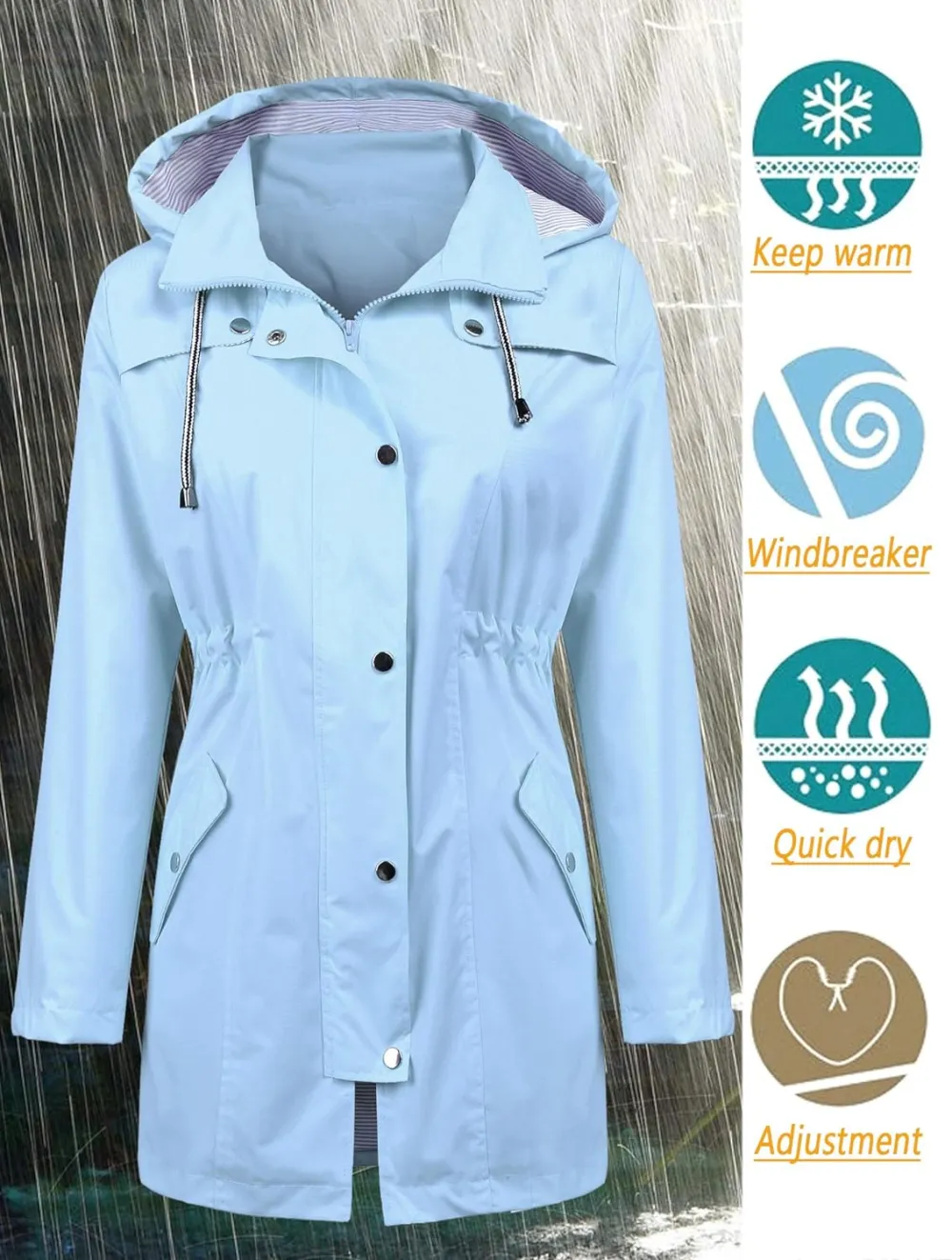 LOMON Raincoat Women Waterproof Long Hooded Trench Coats Lined Windbreaker Travel Jacket S-XXL