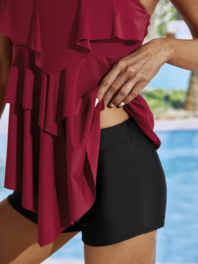 Vacation Plain Flouncing Scoop Neck Tankinis Two-Piece Set