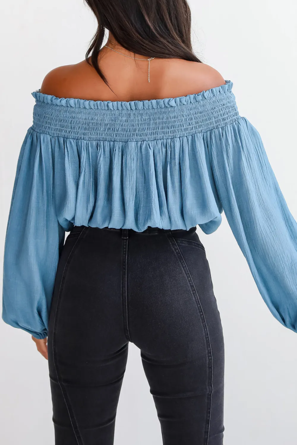 Utterly Pretty Blue Off-The-Shoulder Cropped Blouse
