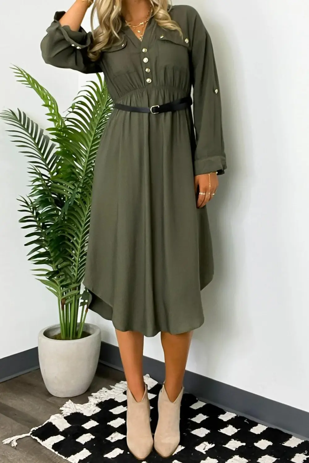Button Down Belted Midi Dress