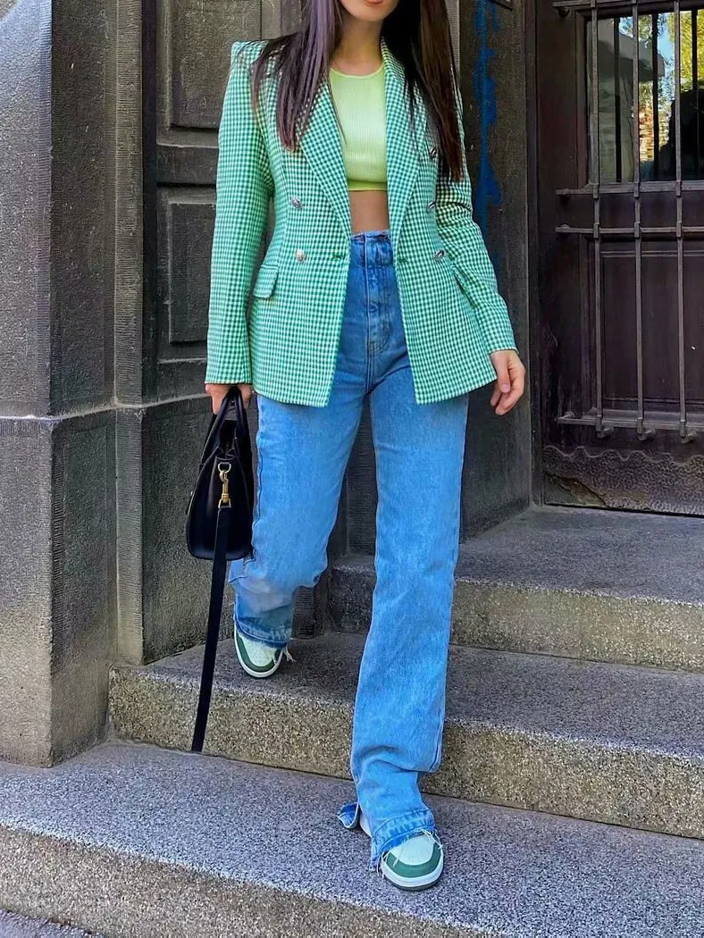 Check Set Double-Breasted Mid-Length Coat