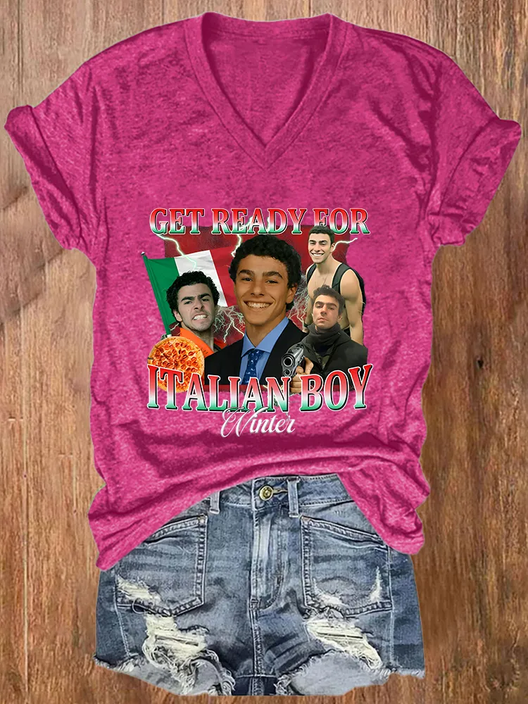 Women's Get Ready For Italian Boy Short Sleeves V-Neck Pure Cotton T-Shirt