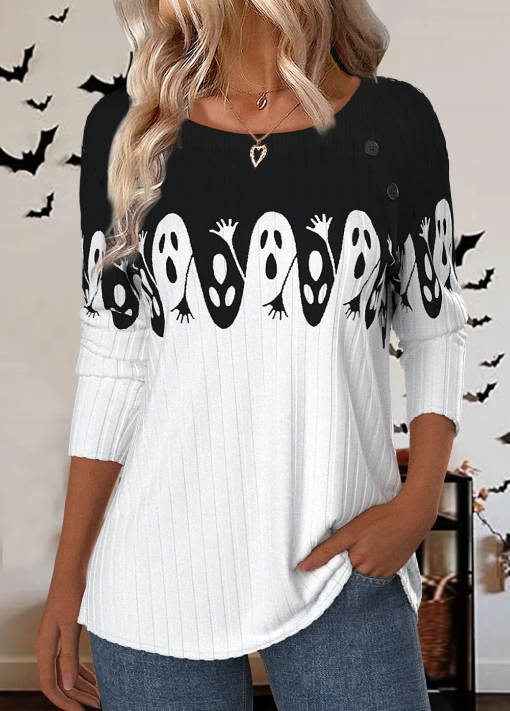 Halloween Black Button Long Sleeve Round Neck T Shirt